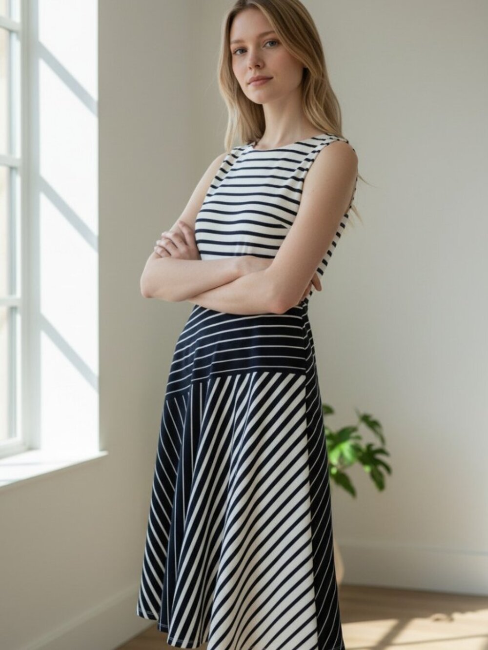 Danny & Nicole Navy and White Striped Midi Dress